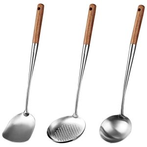 Spatule et Louche pour Wok en acier inoxidable avec manche en bois
