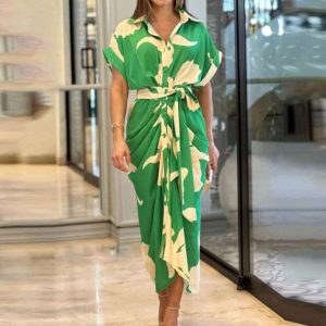 Robe Chemise Midi Élégante à Ceinture