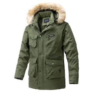 Manteau polaire homme rembourré et avec capuche en fausse fourrure