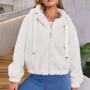 Veste polaire courte à capuche en fausse fourrure pour femme